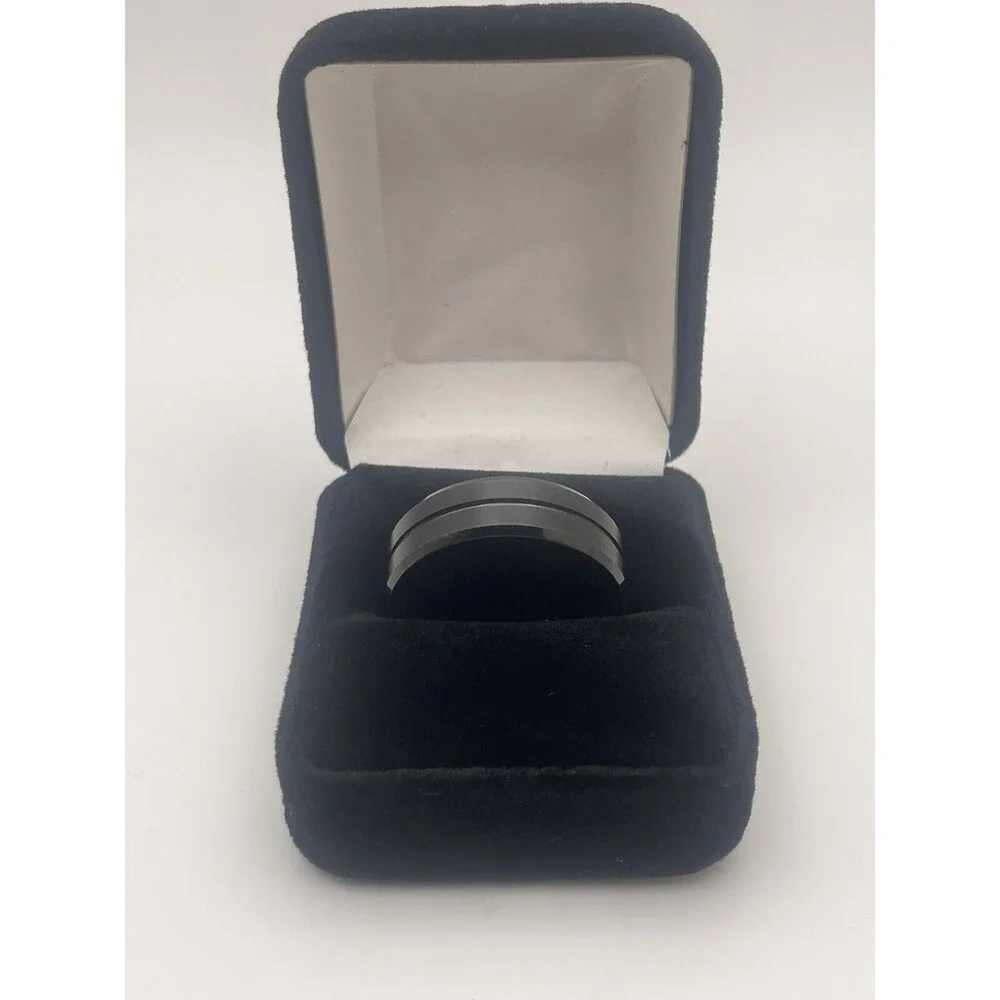 Black Satin Tungsten Band Ring w/ Center Groove & Polished Beveled Edge